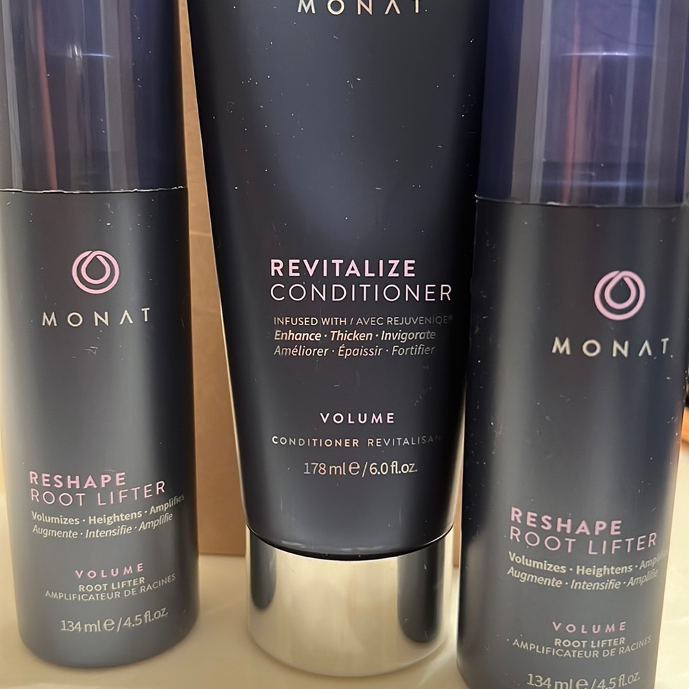 Monat Revitalize Conditioner and 2 bottles of Reshape Rootlifter.